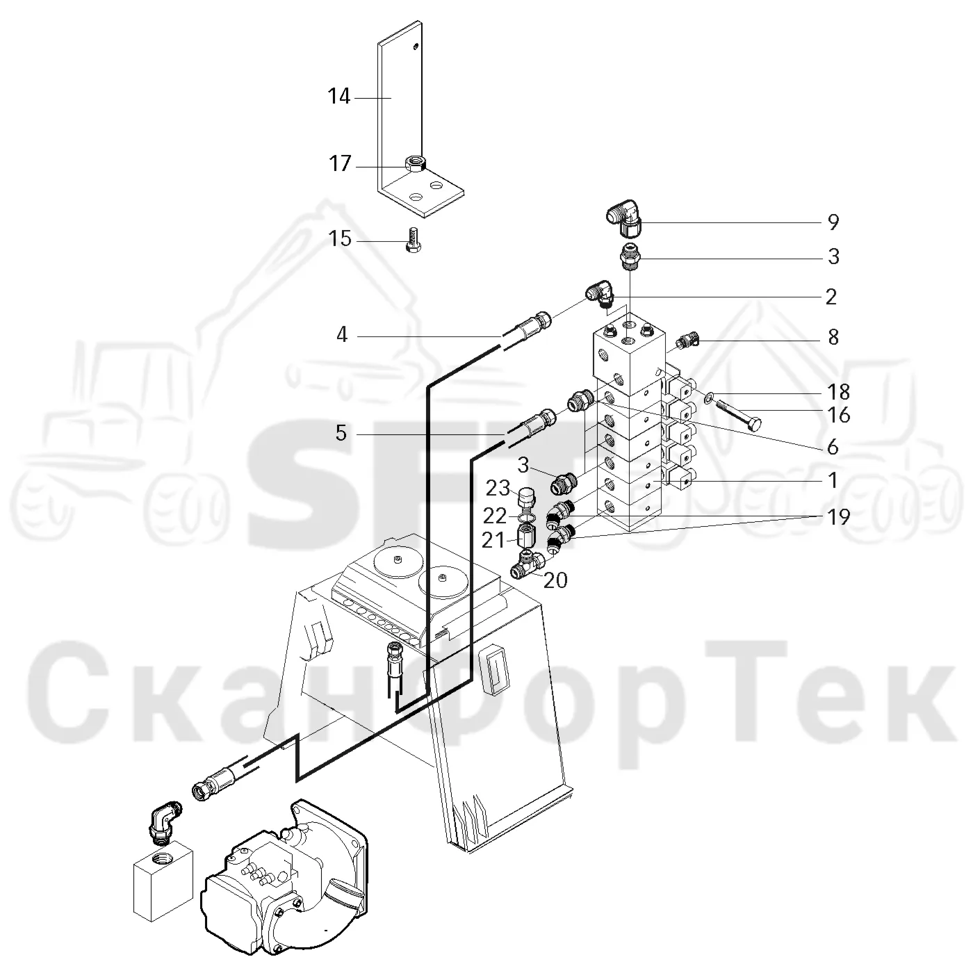 Схема: Valmet / Форвардер / Valmet 840.2 / Valmet 840.2  Ch. -211120 / Valmet 840.2  Ch. -211120 / Каталог запасных частей / Оборудование захвата / Захват / Valmet 901.2 Ch. -211060 / Каталог запасных частей / Гидравлика / Клапан обслуживания / Клапан обслуживания на 6 колес