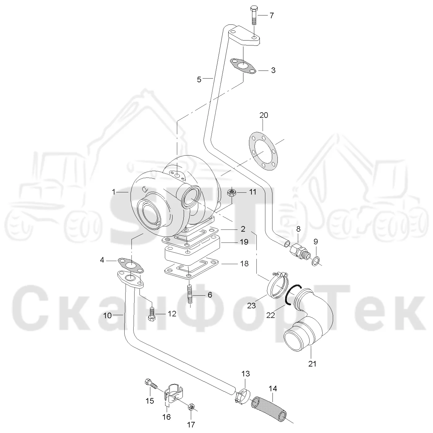 Схема: Valmet / Форвардер / Valmet 840.2 / Valmet 840.2 Ch. 211121- / Valmet 840.2 Ch. 211121- / Каталог запасных частей / Двигатель / Впуск - выпуск / Трубопроводы к турбоагрегату