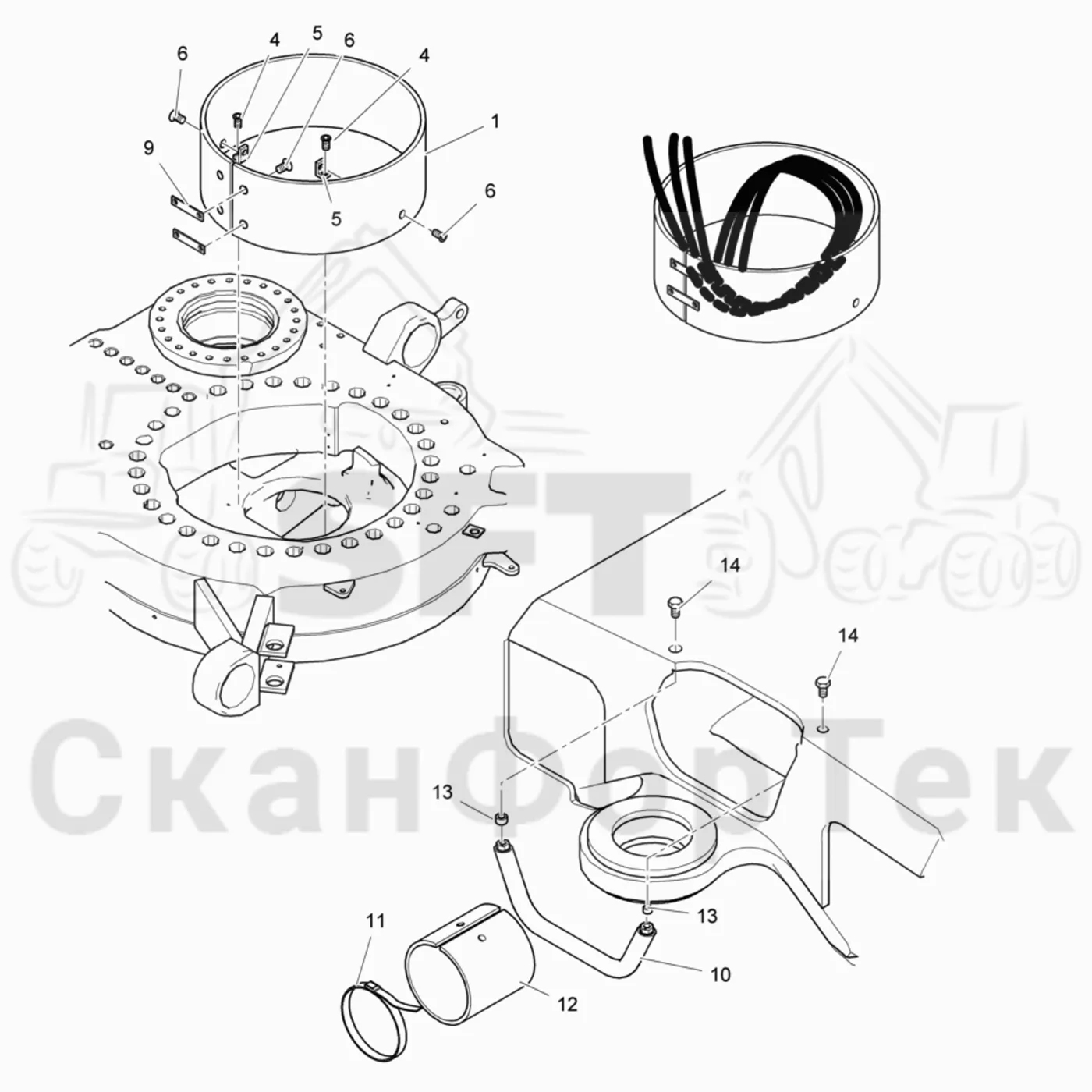 Схема: Valmet / Лесозаготовительные машины / Valmet 901.1 / Valmet 901.1 / Каталог запасных частей / шасси / Оборудование наклона / Прокладка шланга под кабину
