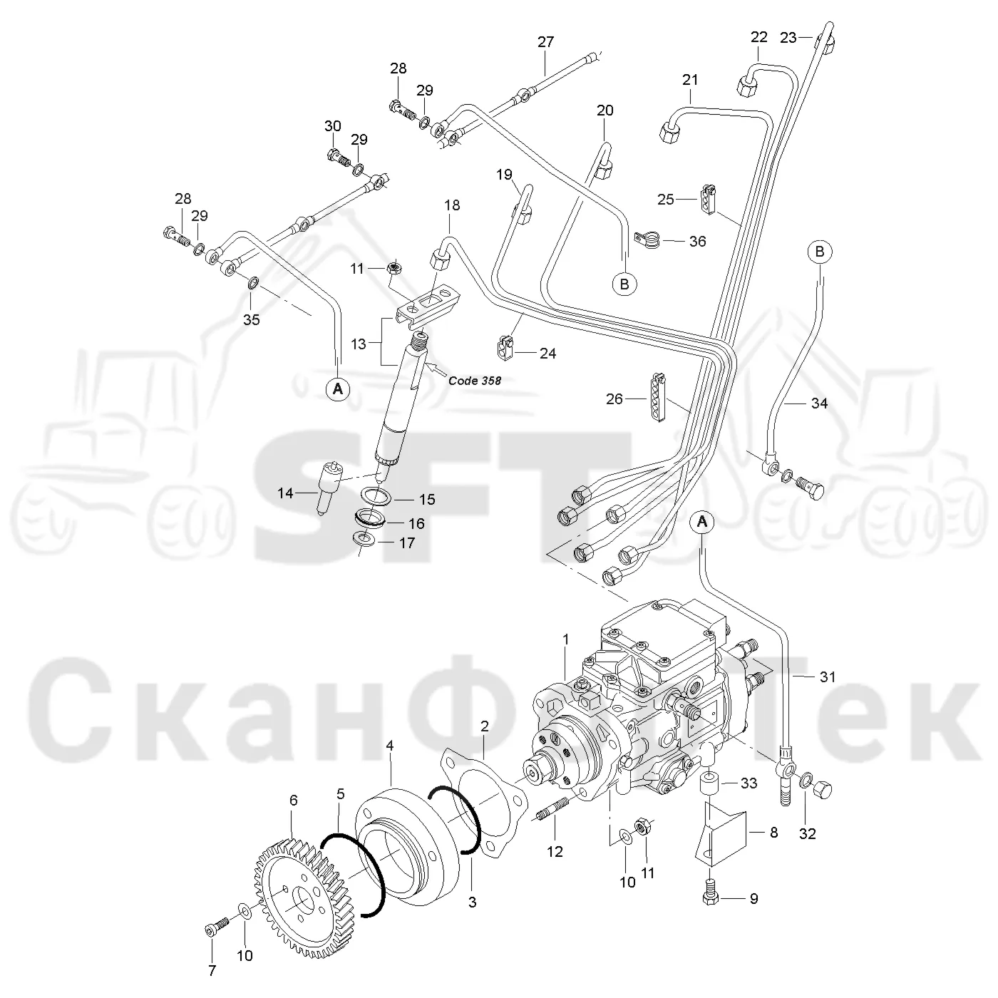 Схема: Valmet / Лесозаготовительные машины / Valmet 901.2 / Valmet 901.2 Ch. 211061- / Valmet 901.2 Ch. 211061- / Каталог запасных частей / Двигатель / Топливная система / Инжекторный насос