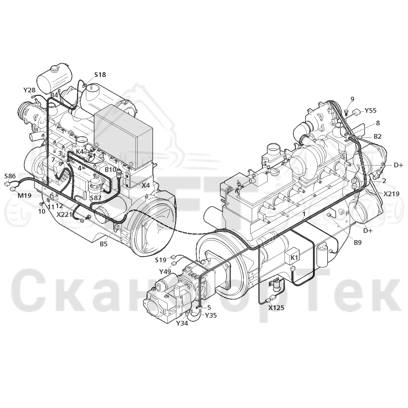 Схема: Valmet / Лесозаготовительные машины / Valmet 901.2 / Valmet 901.2 Ch. 211061- / Valmet 901.2 Ch. 211061- / Каталог запасных частей / Двигатель / Электрический / Комплект кабелей двигателя