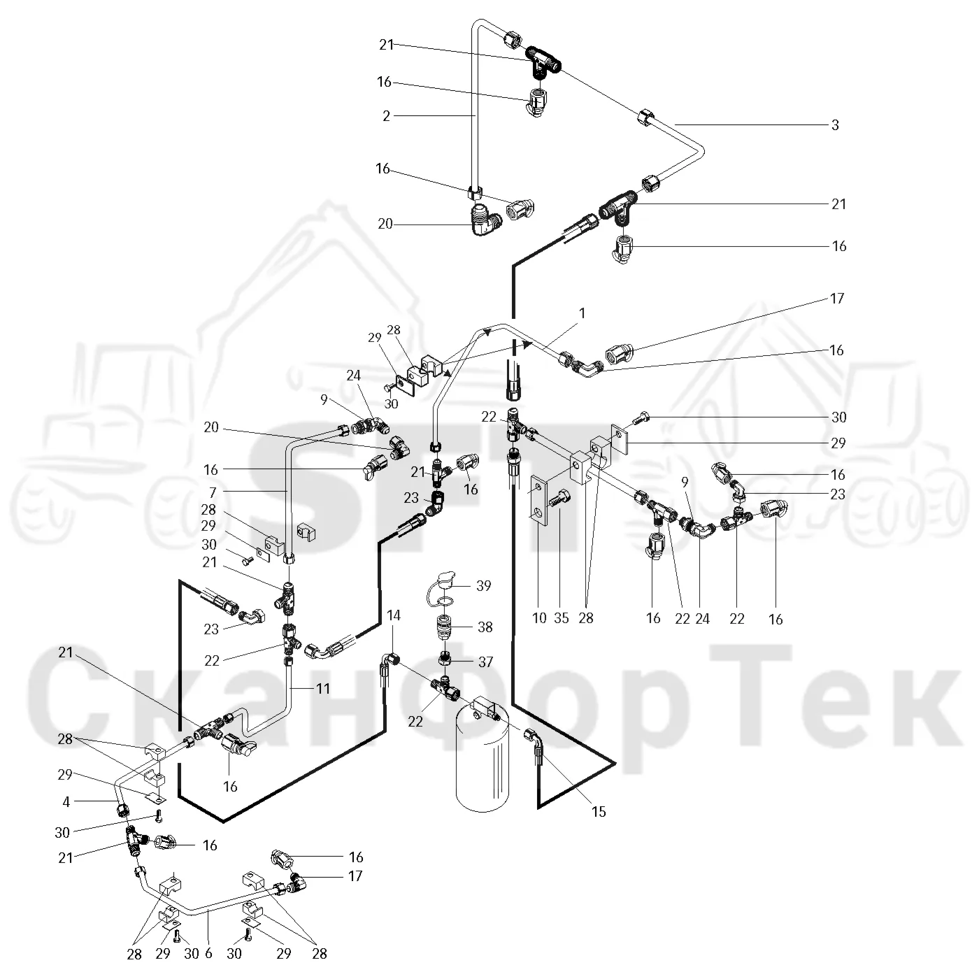 Схема: Valmet / Лесозаготовительные машины / Valmet 901.2 / Valmet 901.2 Ch. 211061- / Valmet 901.2 Ch. 211061- / Каталог запасных частей / шасси / Пожаротушение / Трубопровод пожаротушения