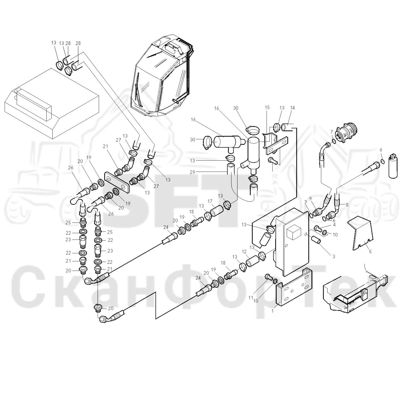 Схема: Valmet / Лесозаготовительные машины / Valmet 901.2 / Valmet 901.2 Ch. 211061- / Valmet 901.2 Ch. 211061- / Каталог запасных частей / Кабина / Система обогрева и охлаждения / Охлаждение кабины