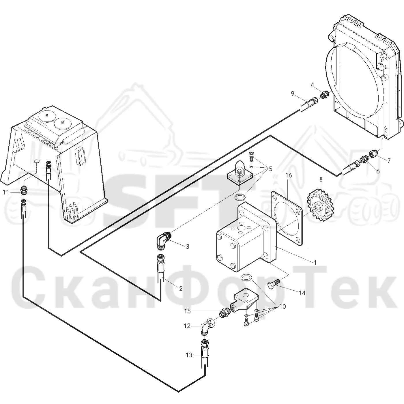 Схема: Valmet / Лесозаготовительные машины / Valmet 901.3 / Valmet 901.3 Ch -311190 / Valmet 901.3 Ch -311190 / Каталог запасных частей / Гидравлика / Система охлаждения масла / Масляный радиатор двухконтурный